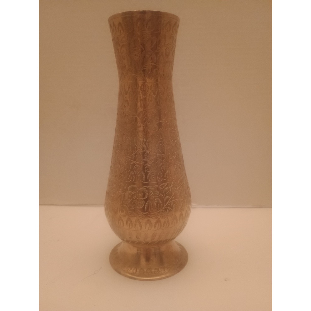 Vintage Etched Leaf/Floral Brass Vase 9" Tall